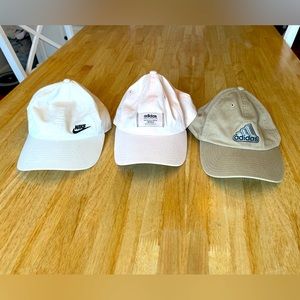 Women’s baseball caps: white, blush, tan